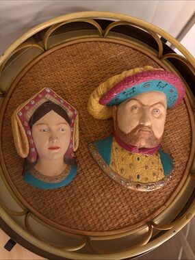 Decorative Tudor King and Queen Wall Busts in Teal, Pink, Gold